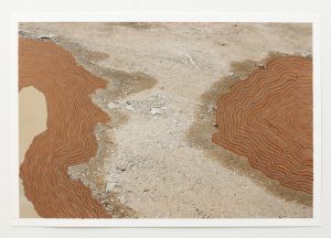 William Greiner and Matt Clark, The Space Between #19, a pale gravel wash seen from above, with two large masses of concentric orange and grey wavy lines entering from the left and right edges and almost meeting at the centre