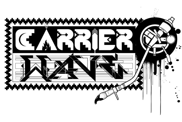 Carrier Wave exhibition logo fusing Southwestern and Indigenous motifs with a graffiti spray-rig and paintbrush, in black and white.