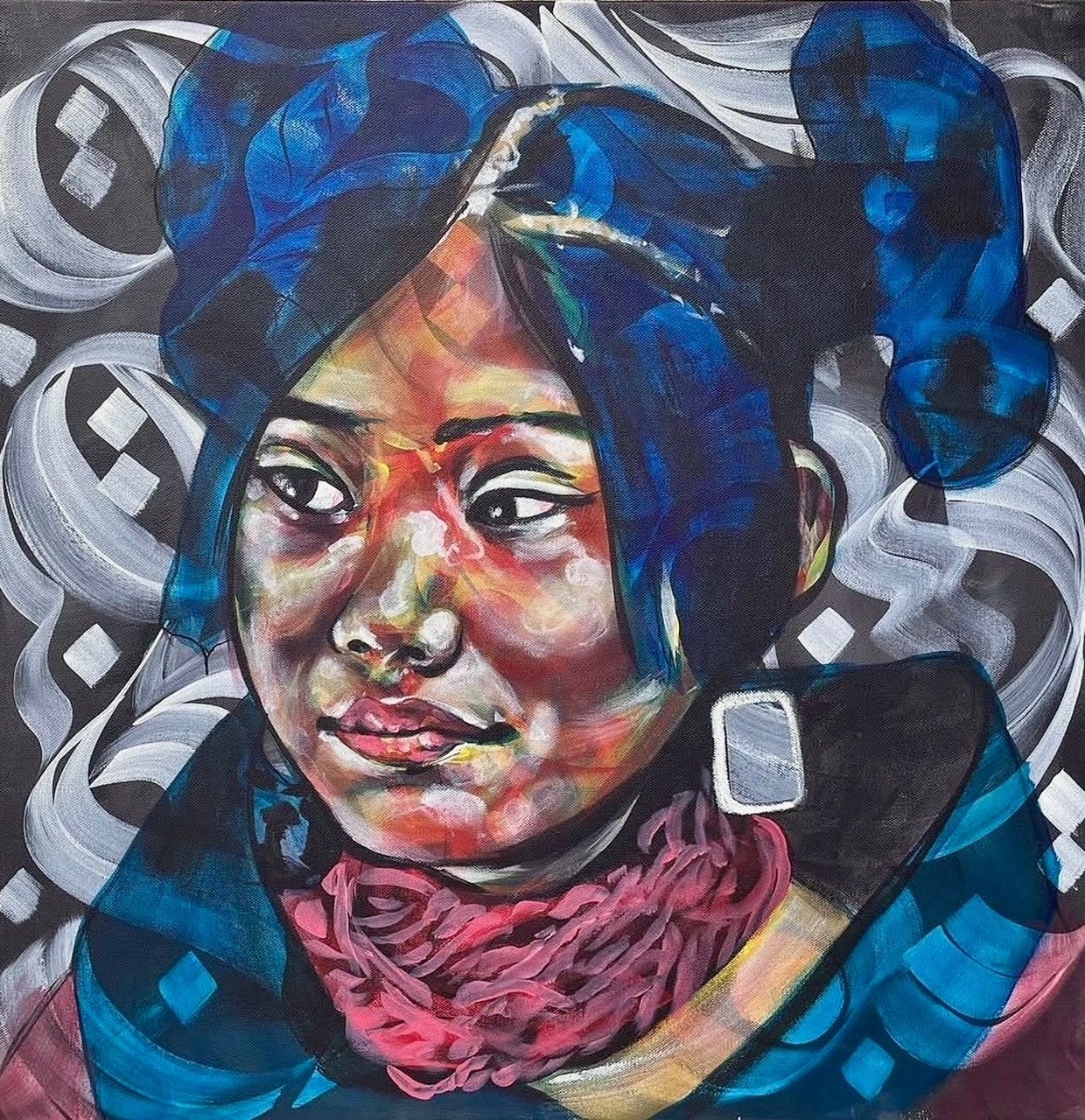 Carrier Wave exhibition painting by Randy L. Barton and Cloudface: a figure with blue hair-wraps and a vivid multicolor face on a black-and-white patterned ground, at Webster Collection, Santa Fe.