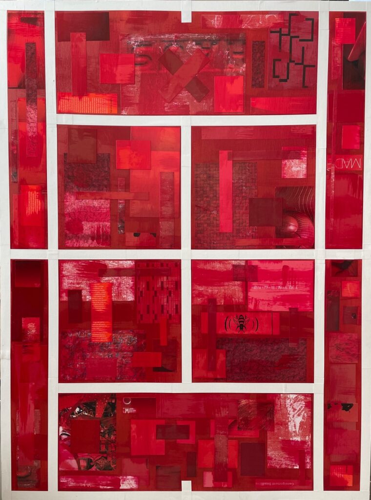William Greiner, Clay Court, 2020: the same court plan seen from directly overhead, its white lines intact and its zones filled with collaged rectangles in reds, several fragments printed matter with scraps of type, a bee, and a fly still legible