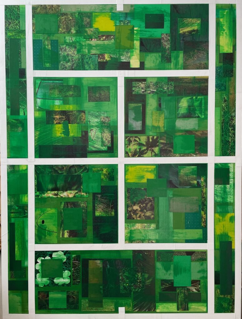 William Greiner, Grass Court, 2020: a tennis court seen from directly overhead, its lines laid in as white strips and its zones filled with collaged rectangles in greens from near-black to acid yellow, several fragments photographic and legible as foliage