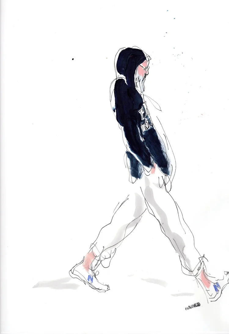Richard Haines, a bearded figure in a hood walking in profile on a white ground, the upper body worked heavily in dark navy and the legs left as fine outline, signed HAINES at lower right