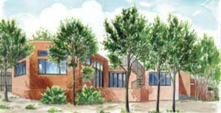 Watercolor rendering of the contemporary adobe house at 1128 Camino Catalina, with large windows and a spiral stair among young trees