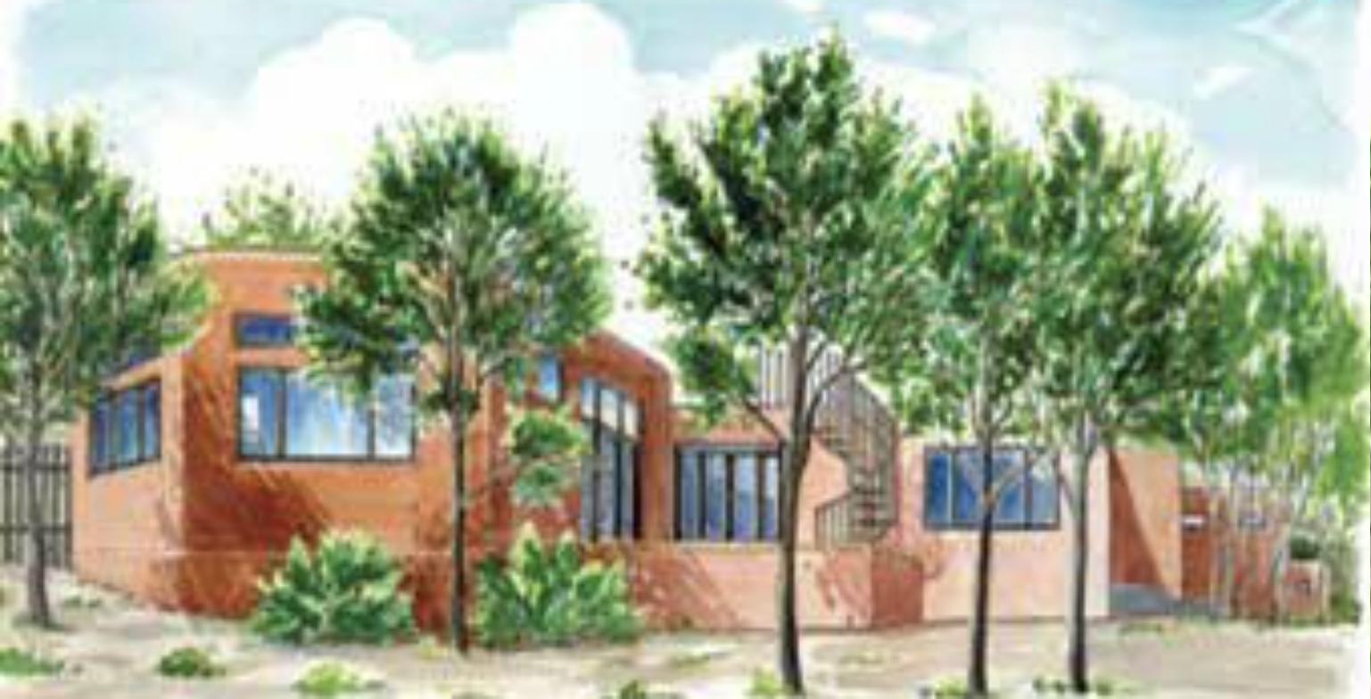 Watercolor rendering of the contemporary adobe house at 1128 Camino Catalina, with large windows and a spiral stair among young trees