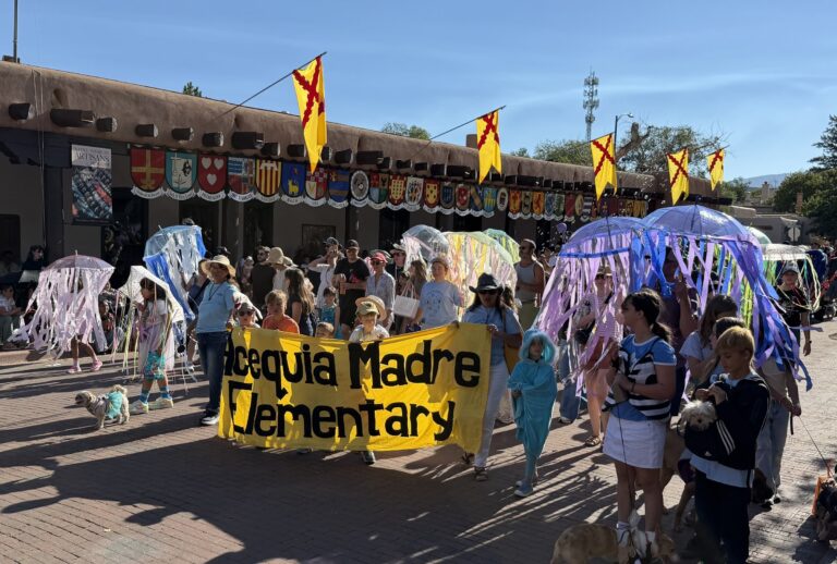 Children dressed as jellyfish under streamered umbrellas, with a small white dog in a turquoise costume, passing the Palace of the Governors portal.